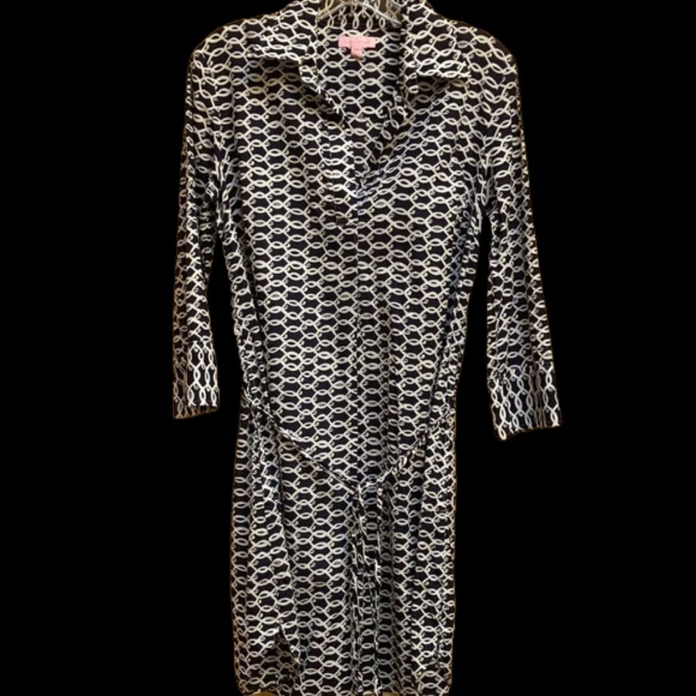 Lilly Pulitzer Preppy Shift Dress M Navy Blue White Yellow You've Been Spotted